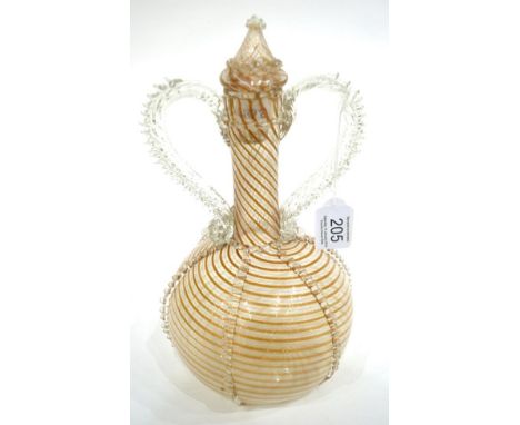 A Façon de Venise Twin-Handled Flask and Stopper, in 17th century style, with opaque white and aventurine latticino and appli