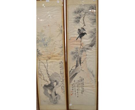 Chinese Scroll Paintings (19th century), crows, pine tree and a butterfly in rockwork, watercolour, red seal marks, 121cm by 