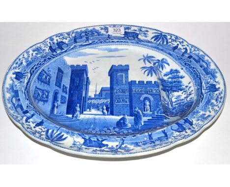 A Spode Pearlware Meat Platter, circa 1815, with tree and gravy well, printed in underglaze blue with The Castle of Boudron i