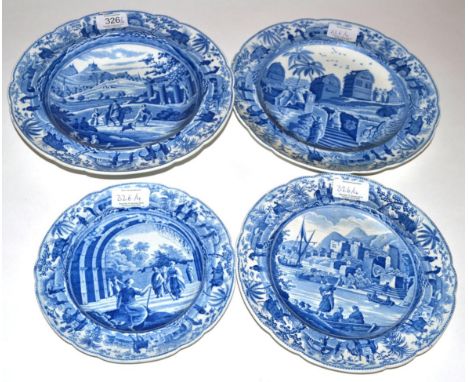 A Spode Pearlware Soup Plate, circa 1815, printed in underglaze blue with the City of Corinth from the Caramanian series, imp