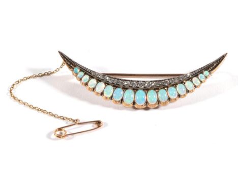 An Opal and Diamond Crescent Brooch, graduated oval opals in  collet settings, beneath a row of old cut diamonds, total estim