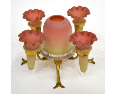 An S Clarke Burmese Glass and Gilt Metal Fairy Lamp, late 19th century, with central domed shade flanked by four frilled trum