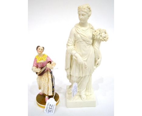 A Derby Bisque Porcelain Figure of Plenty, circa 1780, modelled as a goddess holding a cornucopia of fruit and a bunch of flo