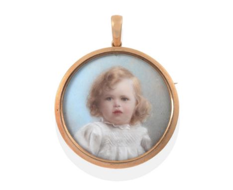 A Porcelain Portrait Miniature, Depicting an Infant with Blonde Hair, circular and within a frame with removeable bail and br
