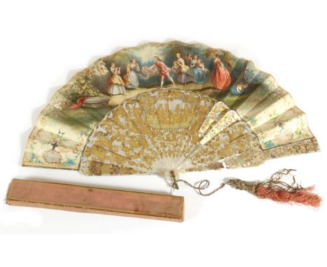 A Large Mid-19th Century Mother-of-Pearl Fan, the monture a full half circle, being carved, pierced and gilded in 3 shades of