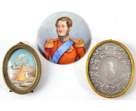 A German Porcelain Circular Plate, 19th century, painted with a bust portrait of Prince Albert in military uniform, 7cm diame