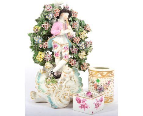 A Derby Porcelain Candlestick Figure of a Musical Shepherd, circa 1770, standing playing a pipe, his dog at his feet, on a sc