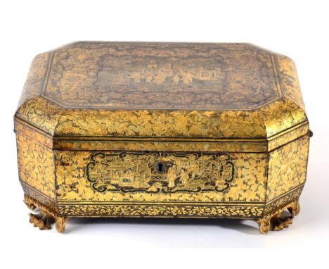 A Chinese Export Lacquer Tea Caddy, early 19th century, of canted rectangular form, typically decorated with figures in garde
