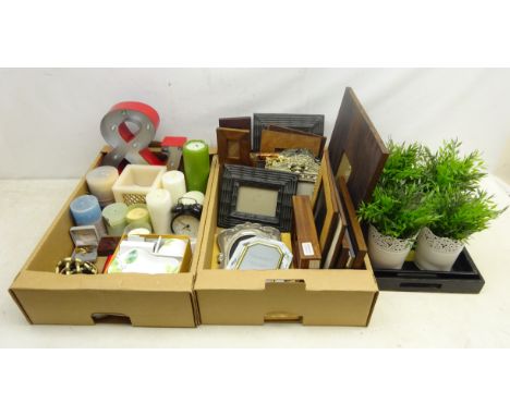 Collection of modern photo frames, two graduated lacquer trays, candles, painted tin light up &amp; sign, cuff links, large w