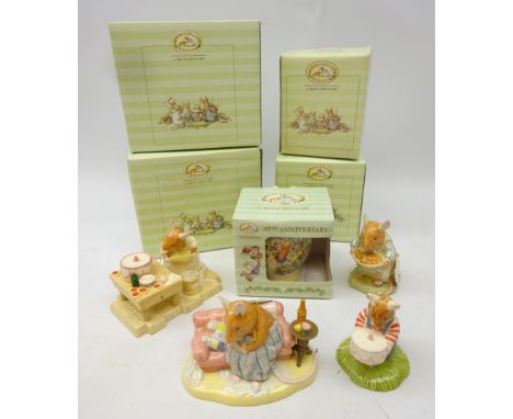 Four Royal Doulton Brambly Hedge figures: Dusty's Buns, Wilfred's Birthday Cake, Mrs Toadflax Decorated Cake and Where are Ba