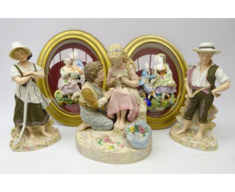 Continental bisque porcelain figure group of a little girl with her crochet work, a young boy kneeling at her feet, H39cm pai