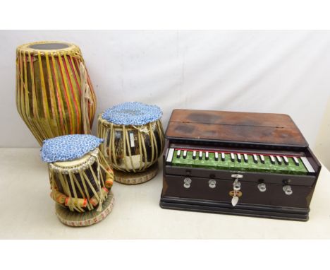 Kamal Harmonium and three Indian Tabla drums, metal and wood finish H58cm max 