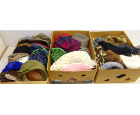 Millinery shop stock: Collection of ladies &amp; gents vintage and modern hats including fur &amp; faux fur examples, trilby'