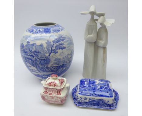 The Spode Blue Room Collection 'Aesop's Fables' vase &amp; Italian butter dish, Lladro Nuns no. 4611 etc (4)