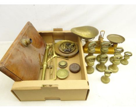 Matched set of four brass bell weights, other similar weights, Victorian balance scales (a/f) and set of vintage kitchen scal