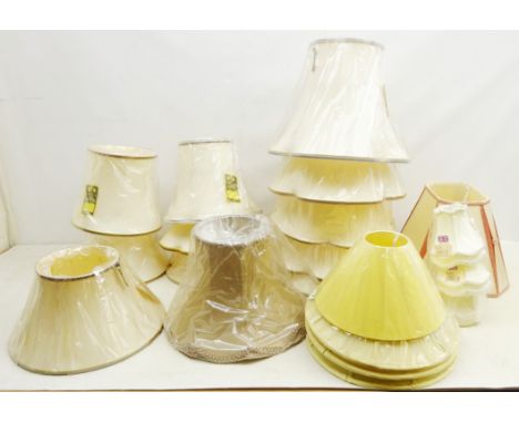 Ex Retail - Collection of 'Gold Crest' Fabric Lamp Shades, varying in size and shape, other silk and fabric shades and three 