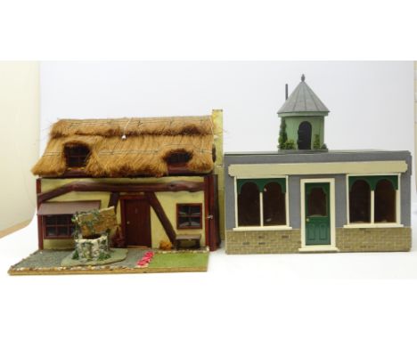 1:12 scale model pub, thatched roof, including signs inside and 1:24 scale fairy/hermit type house, L48cm (2)