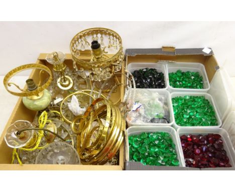 Large collection of coloured glass chandelier pendants, pair centre light fittings with faceted drops, two lamps, other light