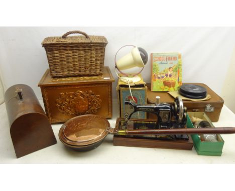 Hexagon sewing machine with case, copper slipper box embossed with coat of arms, copper warming pan and vintage suitcase, vin