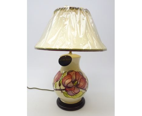 Ex Retail - Moorcroft baluster table lamp decorated in the Magnolia pattern, with new 'Gold Crest' shade &amp; tags H28cm (ex