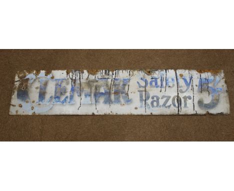 White ground enamel sign, 'Clemak Safety Razor 5', W137cm, H31cm