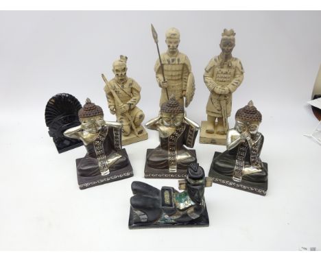 Three Terracotta Army style figures H39cm, three seated Buddha in various poses, polished stone bust and model of an Egyptian