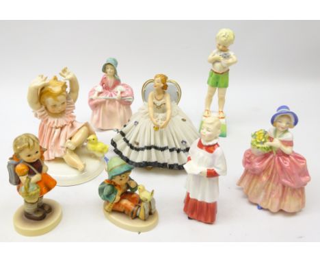 Royal Worcester figure 'Friday's Child is Loving &amp; Giving' no. 3261, Royal Doulton 'Choir Boy', 'BoPeep', 'Cissie', two G