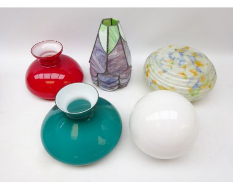 Art Deco mottled glass light shade of ribbed form, D27cm, Globular opaque glass shade, two oil lantern shades and a set of fi