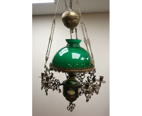 Dutch Rise and Fall brass ceiling light, cast with figures and foliate scrolls to six candle sconces, central oil lamp with M
