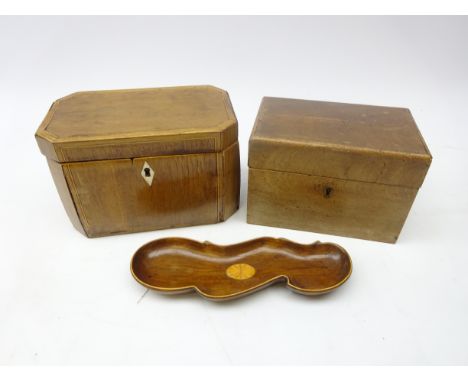 Early 19th century mahogany tea caddy, another 19th century box and shaped mahogany pen tray with shell inlay centre, L21cm (
