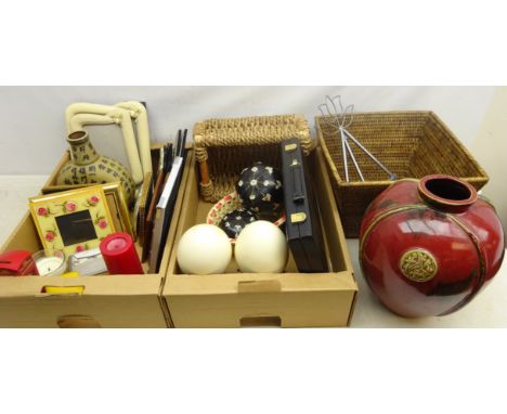 Two Chinese vases, collection of modern photo frames, wicker box, two ceramic Ostrich egg style ornaments, backgammon set and