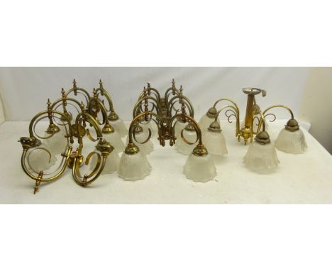 Set of six twin branch wall lights, each with ribbed Holophane style pressed glass shades, matching centre light fitting with