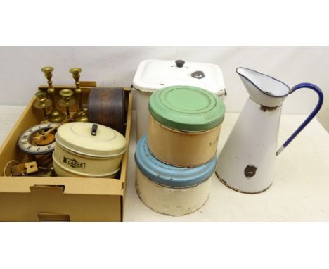 Vintage enamel Bread bin and cover, matching jug, vintage cake tins, large brass tap, mantle clock, brass candlesticks etc 