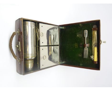 Early 20th century leather picnic case by Finnigans Ltd, with Thermos flask, two sandwich boxes and knife &amp; fork, L28cm 