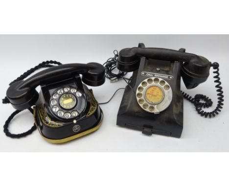 Belgian black painted telephone with bakelite headset marked 'Belgique Bell Telephone MFG Company' and black Bakelite GPO tel