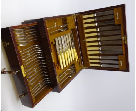 Canteen of Mappin &amp; Webb EPNS Rat Tail cutlery for six covers in single drawer mahogany case, lacks one table fork and on