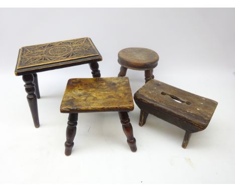 Two Victorian stools with elm seats and turned legs, another with carved oblong to and turned legs and a pine step stool, H27