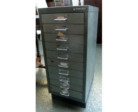 A vintage Bisley steel filing cabinet comprising of 10 drawers 68 x 28 x 41cm