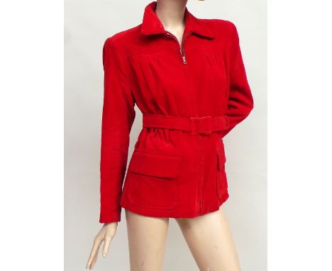 Vintage red cordouroy jacket labelled 'Dents' Sportswear, lined and fastens with a metal zip. A 1960s kaftan style maxi with 