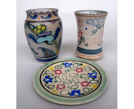 A qauntity of pottery including three pieces of Honiton pottery and a pair of Devon Pottery vases hand painted with cottages 