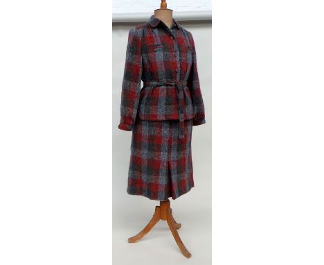 A vintage checked wool skirt suit by 'Windsmoor' and a further red and grey check lined mohair cape. Both items in good condi