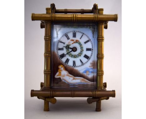A French faux bamboo design carriage clock, the front and side porcelain panels painted with classical scenes of nude ladies,