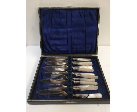 A cased set of silver plated fish knives and forks, (one fork damaged)