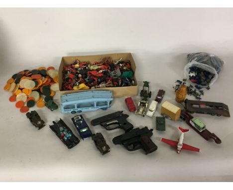 A mixed lot of vintages toys including figures, Britains toy soldiers and other makes, Corgi cars including a Batmobile, an U