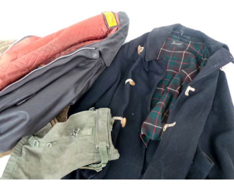 A large mixed lot of gents clothing including ties, a leather jacket and a vintage (worn) Harrods duffel coat. (Qty)
