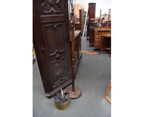 An Edwardian standing lamp with turned wooden base together with a brass coal bucket