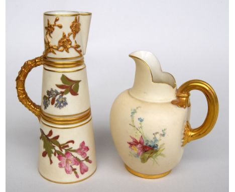 Two Royal Worcester blush ivory ground ware jugs decorated with floral sprays and insects over cream ground heightened in gil