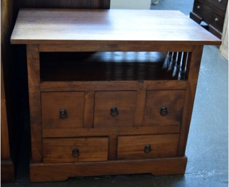 A teak side cabinet with galleried shelf over three short and two long drawers 65 x 79 x 50cm