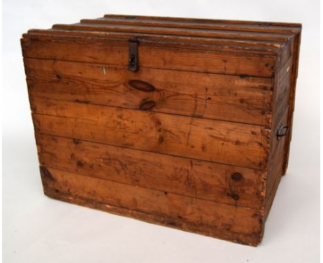 A vintage pine chest with side handles and inscribed 'Aktas for Vats' 80 x 50 x 59cm