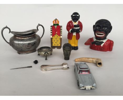 A interesting mixed lot to include a painted cast iron "Jolly" head money box Bank, with lever at the back operating arm, 16c